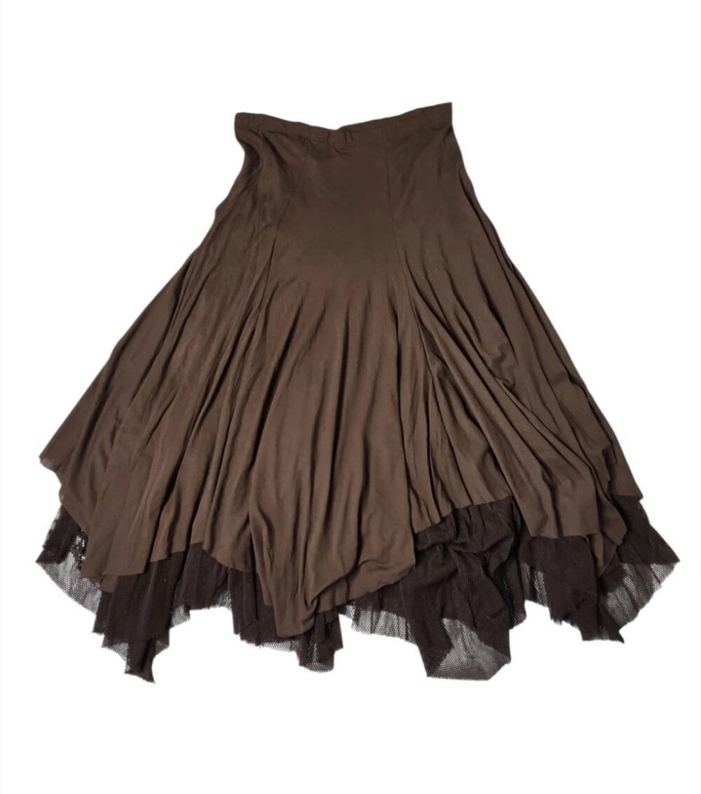 VTG Log In Y2K Fairy Grunge Midi Skirt Handkerchief Hem Mesh Trim Brown L USA